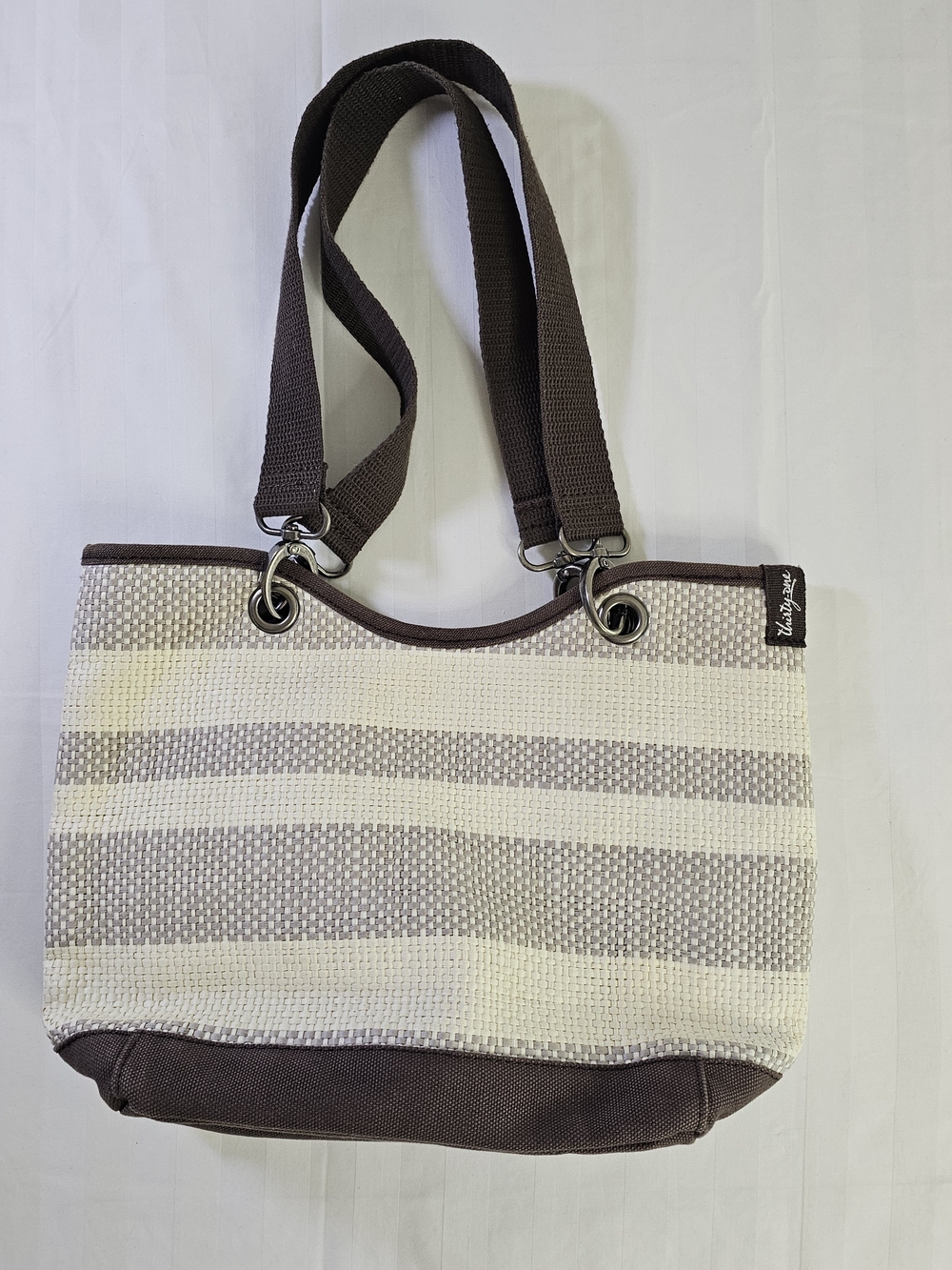 Striped Cream and Brown Woven Tote Bag